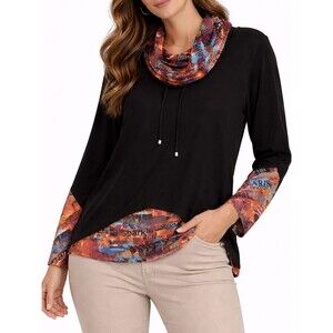 Ali Miles Black Art Print Cowl Neck Tunic Top Small